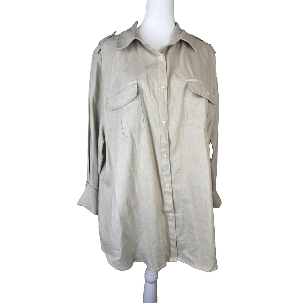 Real Comfort by Chadwicks Shirt XL Tan Linen Blend Button Up Pockets Casual